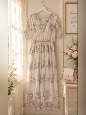 Floral 💐 Embroidered Sheer Overlay Dress in Cream and Pink